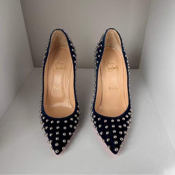 ❌SOLD❌ Christian Louboutin Billy Blue Velvet Studded Heels 37.5 - Picture 3 of 9